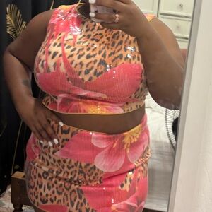 Fashion Nova Pink and Orange Floral Leopard Skirt Set